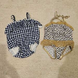 Set Of 2 Blue Gingham and Leopard Print Baby Swimsuits - Size 0-6 And 6/9